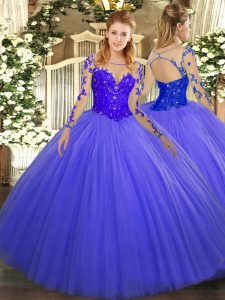 Blue Lace Up Scoop Lace Quince Ball Gowns Tulle Long Sleeves