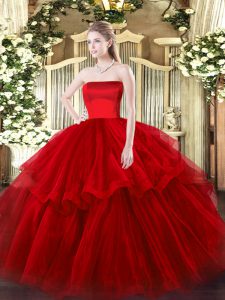 Wine Red Strapless Zipper Ruffled Layers Vestidos de Quinceanera Brush Train Sleeveless