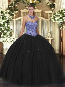 Sweetheart Sleeveless Tulle Quince Ball Gowns Beading Lace Up