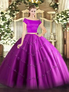 Deluxe Floor Length Fuchsia Sweet 16 Dress Off The Shoulder Short Sleeves Zipper