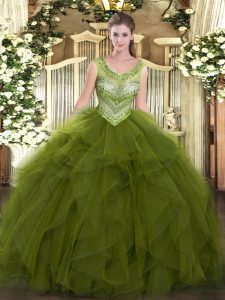 Floor Length Ball Gowns Sleeveless Olive Green 15 Quinceanera Dress Lace Up