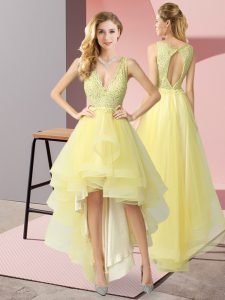 V-neck Sleeveless Tulle Homecoming Dress Beading Backless