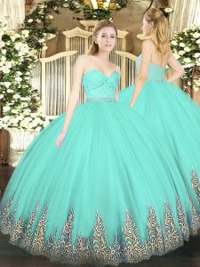 Suitable Floor Length Apple Green 15th Birthday Dress Sweetheart Sleeveless Zipper
