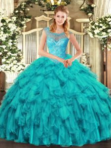 Fitting Scoop Sleeveless Sweet 16 Dresses Floor Length Beading and Ruffles Aqua Blue Organza