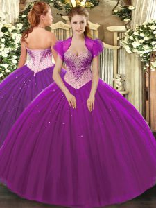 Eggplant Purple Tulle Lace Up Sweet 16 Quinceanera Dress Sleeveless Floor Length Beading