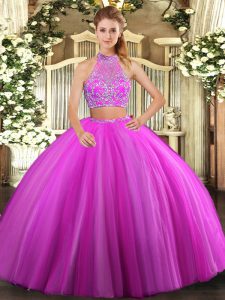 Halter Top Sleeveless Vestidos de Quinceanera Floor Length Beading Fuchsia Tulle