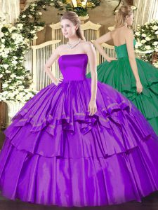 Captivating Eggplant Purple Sleeveless Organza and Taffeta Zipper Sweet 16 Quinceanera Dress for Military Ball and Sweet 16 and Quinceanera