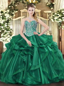 Glittering Dark Green Ball Gowns Sweetheart Sleeveless Organza Floor Length Lace Up Beading and Ruffles 15 Quinceanera Dress