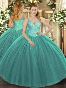 Trendy Turquoise Ball Gowns Tulle V-neck Sleeveless Beading Floor Length Lace Up 15 Quinceanera Dress