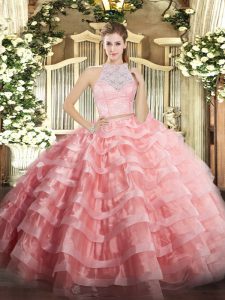 Cute Watermelon Red Two Pieces Lace and Ruffled Layers Quinceanera Gowns Zipper Tulle Sleeveless Floor Length