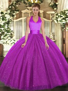 High Class Fuchsia Lace Up Halter Top Sequins Quince Ball Gowns Tulle Sleeveless