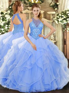 Sexy Light Blue Sleeveless Organza Lace Up Quinceanera Dress for Military Ball and Sweet 16 and Quinceanera
