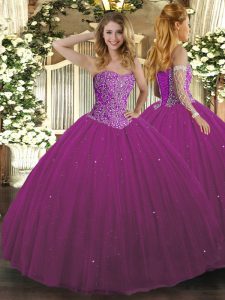 Fuchsia Lace Up Sweet 16 Dress Beading Sleeveless Floor Length