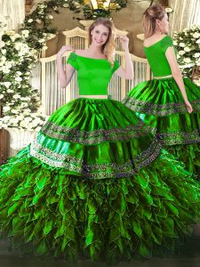 Green Zipper Quinceanera Dresses Embroidery and Ruffles Short Sleeves Floor Length