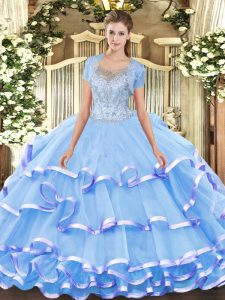 Ball Gowns Ball Gown Prom Dress Aqua Blue Scoop Tulle Sleeveless Floor Length Clasp Handle