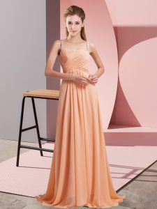 Glittering Orange Chiffon Criss Cross Homecoming Dress Sleeveless Sweep Train Ruching