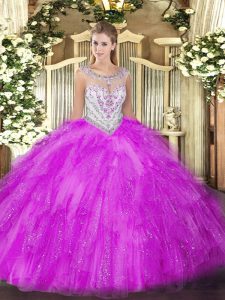 High End Scoop Sleeveless Zipper Sweet 16 Quinceanera Dress Fuchsia Tulle