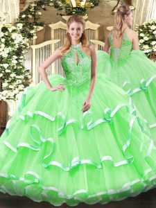 Simple Sleeveless Floor Length Beading and Ruffles Lace Up Quinceanera Dresses