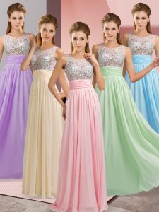 Floor Length Baby Pink Homecoming Dress Chiffon Sleeveless Beading