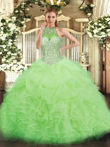 Yellow Green Lace Up Ball Gown Prom Dress Beading and Ruffles and Pick Ups Sleeveless Floor Length