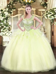 New Arrival Light Yellow Scoop Neckline Beading Vestidos de Quinceanera Sleeveless Lace Up