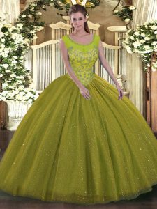 Olive Green Tulle Backless Quince Ball Gowns Sleeveless Floor Length Beading
