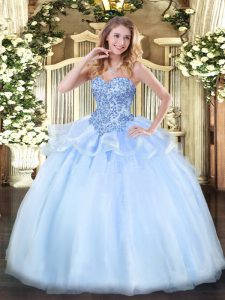 Floor Length Lace Up Vestidos de Quinceanera Light Blue for Sweet 16 and Quinceanera with Appliques