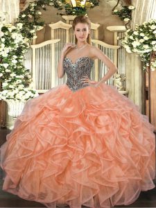 Beading and Ruffles Ball Gown Prom Dress Orange Lace Up Sleeveless Floor Length