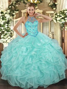 Apple Green Sweet 16 Quinceanera Dress Military Ball and Sweet 16 and Quinceanera with Beading and Ruffles Halter Top Sleeveless Lace Up