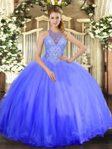 Floor Length Lavender Quince Ball Gowns Tulle Sleeveless Beading