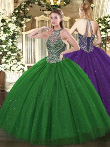 Green 15th Birthday Dress Military Ball and Sweet 16 and Quinceanera with Beading Halter Top Sleeveless Lace Up