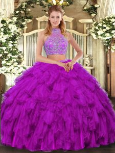 Two Pieces Quince Ball Gowns Fuchsia Halter Top Organza Sleeveless Floor Length Criss Cross