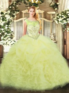 Yellow Organza Zipper 15th Birthday Dress Sleeveless Floor Length Beading and Ruffles