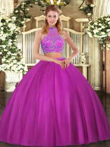 Top Selling Fuchsia Criss Cross Halter Top Beading Vestidos de Quinceanera Tulle Sleeveless