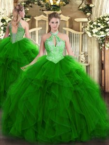 Sleeveless Organza Floor Length Lace Up Vestidos de Quinceanera in Green with Ruffles and Sequins