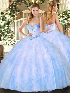 Light Blue Sweetheart Lace Up Beading and Ruffles Sweet 16 Dresses Sleeveless
