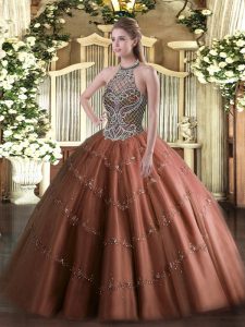 Chocolate Quinceanera Gown Sweet 16 and Quinceanera with Beading Halter Top Sleeveless Lace Up