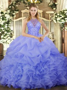Blue Sleeveless Organza Lace Up Sweet 16 Quinceanera Dress for Military Ball and Sweet 16 and Quinceanera