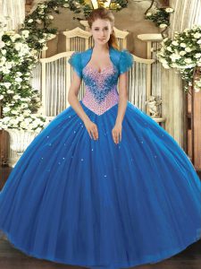 Floor Length Lace Up Sweet 16 Quinceanera Dress Blue for Military Ball and Sweet 16 with Beading
