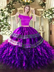 Eggplant Purple Organza and Taffeta Zipper Off The Shoulder Short Sleeves Floor Length 15th Birthday Dress Embroidery and Ruffles
