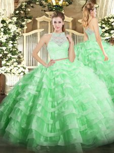Flare Floor Length Zipper Quinceanera Dresses Apple Green for Military Ball and Sweet 16 and Quinceanera with Lace and Ruffled Layers