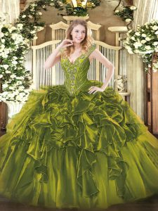Flirting Olive Green Quinceanera Gowns Military Ball and Sweet 16 and Quinceanera with Beading and Ruffles V-neck Sleeveless Lace Up