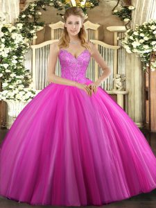 Extravagant Fuchsia Tulle Lace Up Vestidos de Quinceanera Sleeveless Floor Length Beading