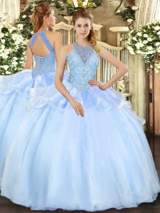 Lovely Light Blue Halter Top Neckline Beading Vestidos de Quinceanera Sleeveless Lace Up