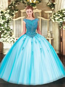Stunning Scoop Cap Sleeves Zipper Quinceanera Dress Aqua Blue Tulle