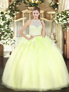Best Floor Length Zipper Quinceanera Gown Yellow Green for Military Ball and Sweet 16 and Quinceanera with Lace