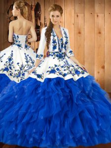Affordable Blue Ball Gowns Sweetheart Sleeveless Satin and Organza Floor Length Lace Up Embroidery and Ruffles Quinceanera Gown