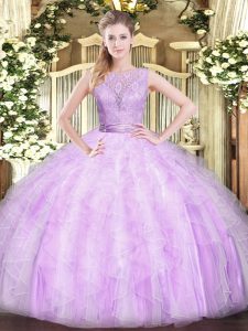 Lilac Backless Sweet 16 Dresses Lace and Ruffles Sleeveless Floor Length
