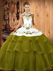 Olive Green Sleeveless Embroidery and Ruffled Layers Lace Up Quinceanera Gown