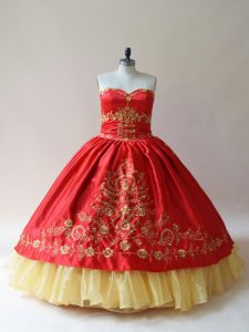 Luxurious Sweetheart Sleeveless Satin Quinceanera Gowns Embroidery Lace Up